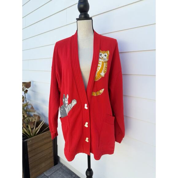 Vintage Linda Lori NY Women Large Cardigan Sweater Red Cat 80s 90s Cat Lady - Picture 1 of 7